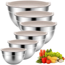 Stainless Steel Mixing Bowls Set, TINANA 6 Pack Mixing Bowls with Lids, Metal Nesting Storage Bowls for Kitchen, 4.5/3/2.5/2/1.5/0.75QT, Great for Prep, Baking, Serving, Khaki