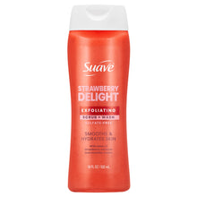 Suave Strawberry Delight Exfoliating Body Wash & Scrub with Glycerin & Vitamin E, Sulfate-Free Hydrating Cleanser for Soft, Smooth Skin, 18 fl oz (pack 4 )