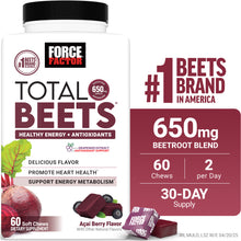 Force Factor Total Beets, Beet Root Supplement with Beetroot Powder for Heart Health, Nitric Oxide & Energy, Acai Berry, 60 Soft Chews