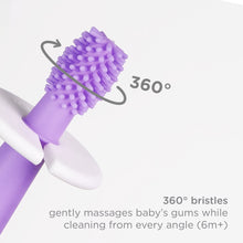 Ubbi Babies and Toddlers Training Toothbrush, Includes One 360° Food-Grade Platinum Silicone and One Soft Bristled Toothbrush,Smoothie Purple and Zest Green