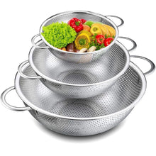 VeSteel Colander Set of 3, Stainless Steel Micro-Perforated Colanders Strainers for Draining Rinsing Washing, Ideal for Pasta Vegetables Fruits, Heavy Duty & Dishwasher Safe