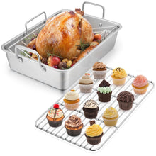 Walchoice Roasting Pan with Rack Set, Stainless Steel Large Turkey Roaster with V-shaped rack & Cooling Rack for Thanksgiving, Heavy Duty & Dishwasher Safe
