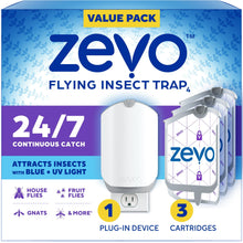 Zevo Flying Insect Indoor Fly Trap Full Size: Easy, Mess-Free Solution - Light Trap Catches & Kills House Flies, Fruit Flies, Gnats, & More (1 Plug in Device & 3 Cartridges)