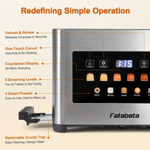 Tostadora Fatabeta de 2 rebanadas con tapa antipolvo, ranura ancha para bagels y pan, tostado uniforme de 6 niveles, descongelación y recalentamiento, pantalla táctil LED inteligente, acero inoxidable 