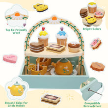 JoyStone Wooden Tea Party Set for Toddlers, Pretend Play Tea Sets for Kids with Storage Cupcake Stand, Wooden Toys Gifts for Girls & Boys