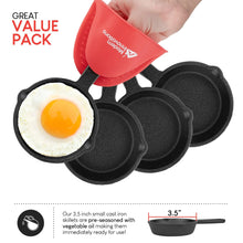 Modern Innovations Mini Black Cast Iron Skillet Set with Silicone Mitt (4 Count) - 3.5 Inch Pans, Pre Seasoned Small Skillets for Baked Cookie/Brownie or Cooked Eggs - Brands For Less USA
