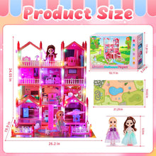 JoyStone Play Dollhouse with Doll Toy Figures, 14 Rooms Furniture and Colorful Lights, Creative Doll House Gift for Girls Ages 3+, Assemble Required, Pink