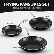 Granitestone 3 Pc Nonstick Frying Pan Set, 8" 10" 12" Frying Pans, Easy Clean Ceramic Frying Pan, Egg Omelet Pan Set, Oven & Dishwasher Safe Skillet, Black - Brands For Less USA