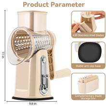 Rallador de queso rotatorio Pukomc con mango, 5 cuchillas, base de succión, mandolina y triturador de verduras con caja de almacenamiento para cuchillas. 
