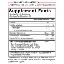Force Factor Total Beets, Beet Root Supplement with Beetroot Powder for Heart Health, Nitric Oxide & Energy, Acai Berry, 60 Soft Chews