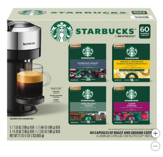 Starbucks Coffee and Espresso Capsules for Nespresso Vertuo Machines 60-count Variety Pack, 100% Arabica Coffee