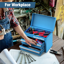 WORKPRO Mini Metal Tool Box with 2 Drawers and Top Storage, Small Tool Chest with PVC Liners and PP Feet Pads, Cold Rolled Steel Toolbox with Magnetic Tab, Blue