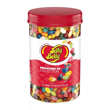 A 9 lb plastic jar of Jelly Belly Signature 30 Collection jelly beans with a red lid and a white and red label featuring the Jelly Belly logo.
