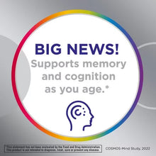 Round badge reading Big News supports memory and cognition as you age with brain profile icon