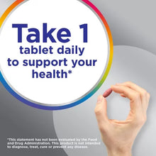 Hand holding a single tablet with text to take 1 tablet daily for Centrum Silver 275 count for seniors