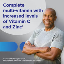 Smiling senior man with arms crossed next to text about Centrum Silver 275 count for seniors multivitamin with vitamin C and zinc