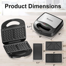 Bluebow 3 in 1 Sandwich Maker, 2 Slice Waffle Maker, Panini Press Grill with Removable Non-Stick Plates, Breakfast Grilled Cheese Maker