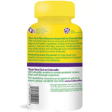 Culturelle probiotic gummies with prebiotics yellow bottle showing supplement information label