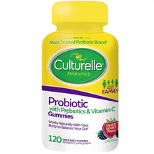 Culturelle probiotic gummies with prebiotics and vitamin C mixed berry flavor bottle with 120 gummies