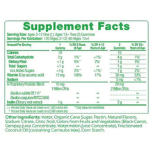 Supplement facts label for Culturelle probiotic gummies with prebiotics showing serving size, ingredients, and nutritional information