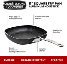 Granitestone 11" Shallow Square Frying Pan Nonstick Skillet, Scratchproof Diamond Infused Coating, No-warp Mineral-enforced Cookware Dishwasher Oven Safe Kitchenware - As Seen On TV - Brands For Less USA