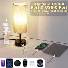 Walchoice Table Lamp Set of 2, Touch Control Desk Reading Lamp with USB A+C Charging Ports, 3-Way Dimmable Nightstand Lamps for Bedroom/ Living Room, Round Flaxen Shade