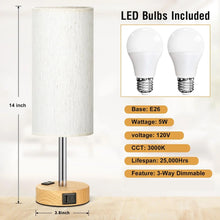 2PCS Small Touch Control Table Lamps for Bedroom, 3 Way Dimmable Bedside Lamp with USB C+A Fast Charging Ports, Nightstand Lamp for Office, Living Room, Reading, Bulbs Included, Wood