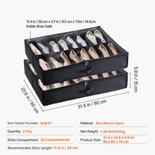 KFFKFF Shoe Storage Units for Under Bed, Pack of 2, Accommodates 32 Pairs, Underbed Footwear Storage System with Transparent Window, Airy, Collapsible Fabric Shoe Holder Box with Sturdy Handles