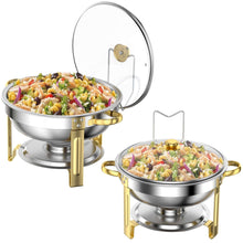 Chafing Dish Buffet Set 2 Pack: TINANA 5QT Stainless Steel Chafing Dishes with Glass Lid & Lid Holder, Round Food Warmers for Parties, Events, Wedding-Gold