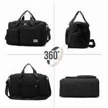 DAKIMOE Travel Duffle Bag for Women Men, Weekender Bags Carry on Gym Bag with Wet Pocket/Adjustable Strap/Shoe Compartment, Foldable Waterproof Overnight Tote Bag for Plane Sports Dance, Black