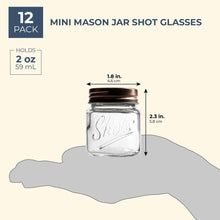 12 Pack Mini Mason Jar Shot Glasses with Lids, 2 oz for Ginger Shots, Juices, Cocktails, Homemade Sauces