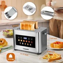 Tostadora Fatabeta de 2 rebanadas con tapa antipolvo, ranura ancha para bagels y pan, tostado uniforme de 6 niveles, descongelación y recalentamiento, pantalla táctil LED inteligente, acero inoxidable 