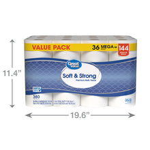 Great Value Soft & Strong Premium Toilet Paper, 36 Mega Rolls, 380 Sheets per Roll