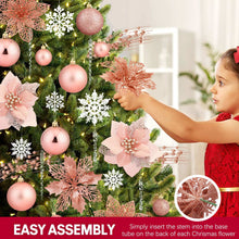 Ayieyill 92Pcs Christmas Tree Decorations Includes Poinsettia Christmas Flowers, Ball Ornaments, Artificial Glitter Berry Stems, Snowflake and Icicle Drop Crystal Ornaments | Rose Glod
