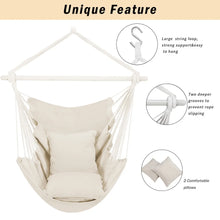 Hamaca grande con columpio, columpio colgante de cuerda relajante con barra de soporte de metal desmontable y dos cojines de asiento, hamaca de algodón para patio, dormitorio, porche, interior y exterior. 