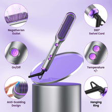 NEXPURE Hair Straightener Brush, Ionic Straightening Brush with 5 Temps, Anti-Scald Ceramic Hot Comb, Dual Voltage, Purple