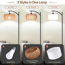 SUNMORY 63'' Dimmable Arc Rattan Floor Lamp, Black Standing Lamp with Rattan & Fabric Double Drum Shade, Boho Farmhouse Tall Lamp for Living Room, Lamps for Bedroom