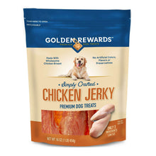 Golden Rewards chicken jerky dog treats package made with wholesome chicken breast and no artificial colors