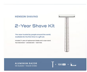 Henson Shaving Handle, Razors, Stand, 2-Year Shave Kit, 100 Razor Blades