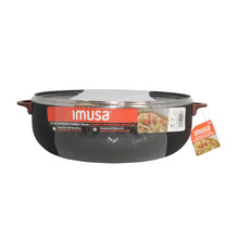 IMUSA 9.0qt Black Stone Aluminum Speckled Ceramic Caldero with Glass Lid & Wood Look Handles, Black