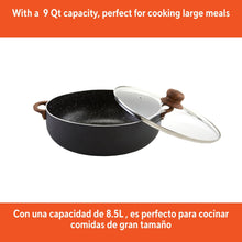 IMUSA 9.0qt Black Stone Aluminum Speckled Ceramic Caldero with Glass Lid & Wood Look Handles, Black