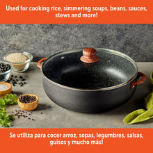 IMUSA 9.0qt Black Stone Aluminum Speckled Ceramic Caldero with Glass Lid & Wood Look Handles, Black