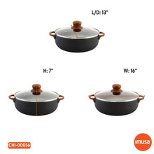 IMUSA 9.0qt Black Stone Aluminum Speckled Ceramic Caldero with Glass Lid & Wood Look Handles, Black