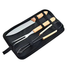 Heavy-Duty Stainless Steel BBQ Grill Tool Set, 3-Piece Knife, Fork, Tongs, with Carry Bag, Rose Wooden Handles