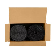 Two black rolls of 33 gallon drawstring trash bags neatly packed inside an open cardboard box