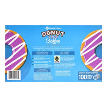 Members Mark blue box of donut shop coffee pods 100 count single serve cups with pink frosted donut graphics