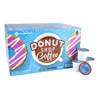 Brands For Less USA donut shop coffee pods 100 count box with three K Cup style pods and colorful packaging