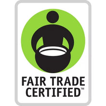 Fair Trade Certified logo green circle and person holding bowl representing ethical coffee for donut shop coffee pods 100 count
