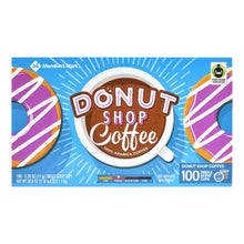 Members Mark Donut Shop Coffee blue box with pink donuts and 100 single serve cups donut shop coffee pods 100 count