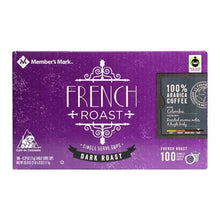 Members Mark French Roast dark roast 100 count box of French Roast single serve coffee cups in purple packaging